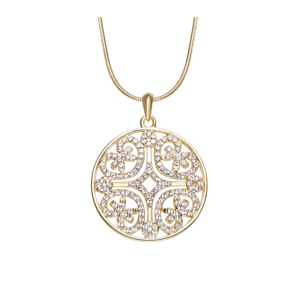 18kt Gold Plated Crystal Filigree Medallion Necklace 30mm Pendant 17” Chain Eleg